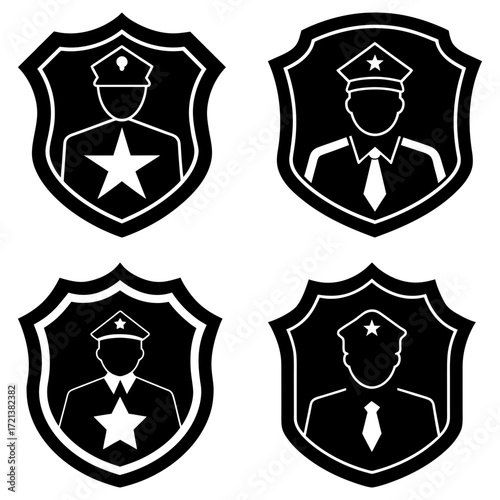 Collection of four police badge icons featuring officer silhouettes inside shield shapes in black and white