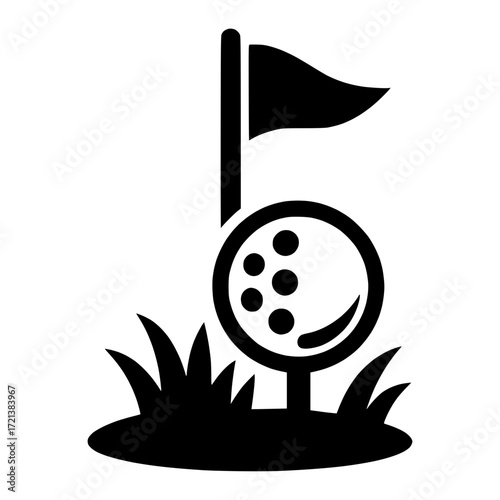 golf ball on a patch of grass with a flagpole, vector illustration