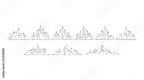 A stark line drawing silhouette of a majestic mountain range under a clear sky silhouette