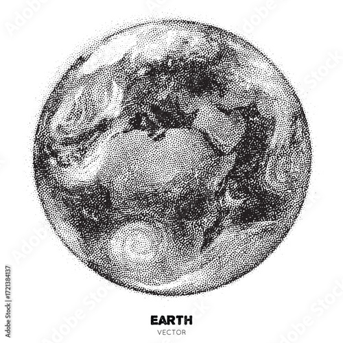 Planet Earth. Isolated element handdrawn with ink. Pointillism, dotted