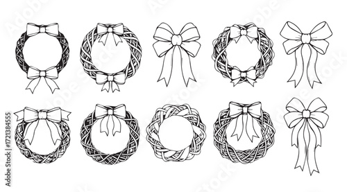 Collection of hand drawn christmas wreath and bow silhouettes for festive decoration