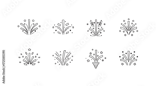Collection of eight ornate floral and firework inspired decorative elements silhouette