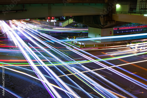 A night photography of traffic jam under the city overpass in Takashimadaira Tokyo