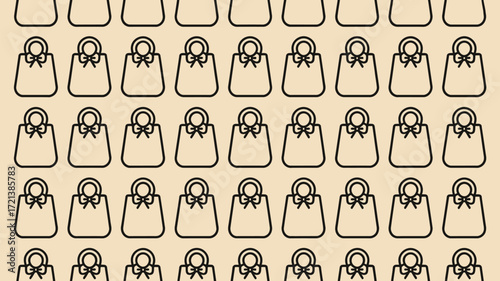 A repeating pattern of shopping bags with bows on a beige background creating a seamless design