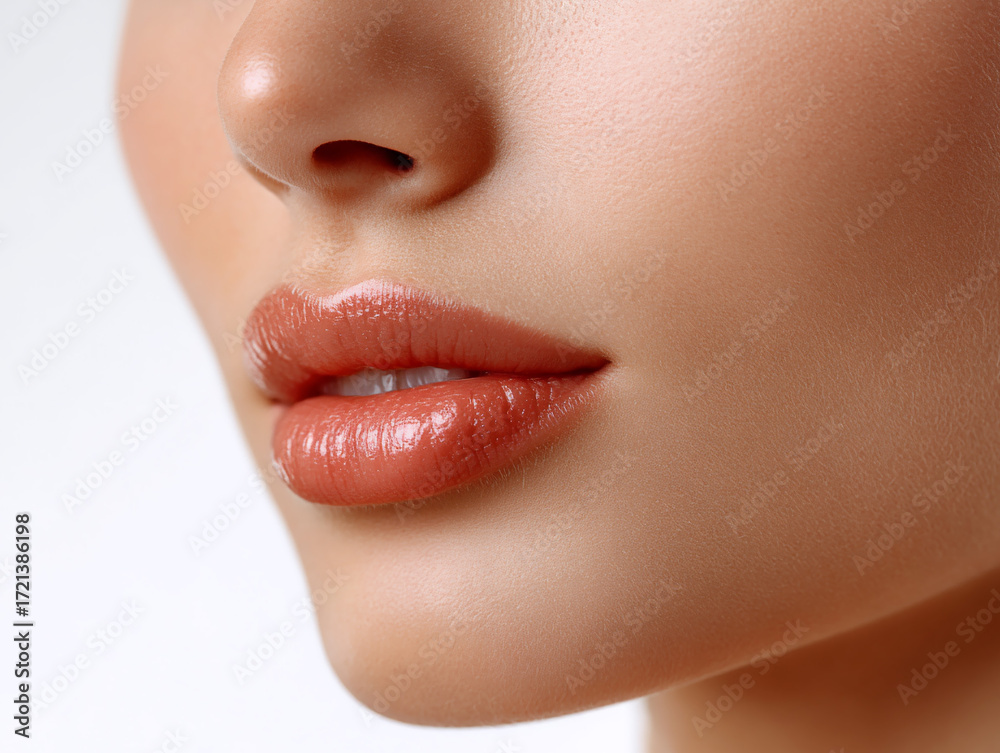 Obraz premium Close-up of a woman’s lips with glossy coral lipstick and smooth, flawless skin, highlighting the mouth, nose, and chin.