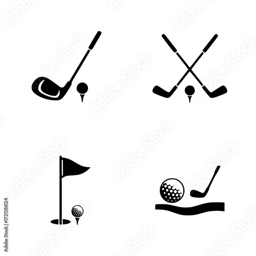 Four distinct golf icons in silhouette style featuring clubs balls tees flag and hole isolated on transparent background