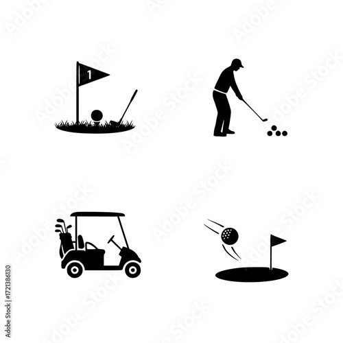 Four distinct golf icons in silhouette style featuring clubs balls tees flag and hole isolated on transparent background