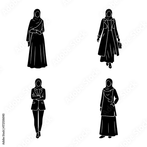 Four distinct female figures depicted as black silhouettes with intricate historical clothing details isolated on transparent background silhouette