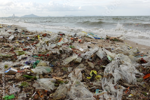 A wide-angle shot showing a heavily polluted and unsightly coastline, completely overwhelmed by trash and plastic debris. A city skyline is visible in the background, creating a stark contrast.