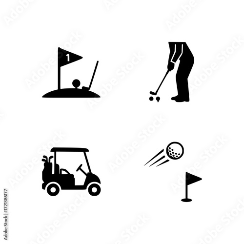 Four distinct golf icons in silhouette style featuring clubs balls tees flag and hole isolated on transparent background