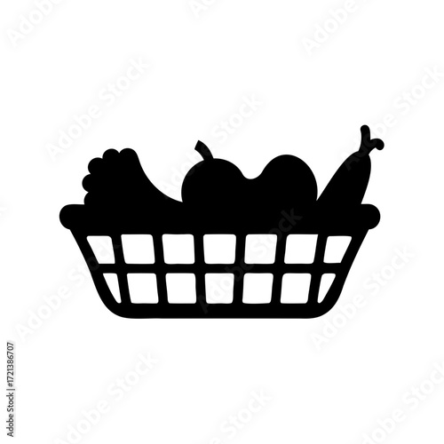 Black and white illustration of a basket filled with various fresh produce