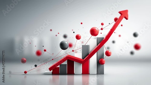 A 3D graph with red and gray bars shows an upward trend. Red spheres and lines connect the elements, symbolizing business growth and success.