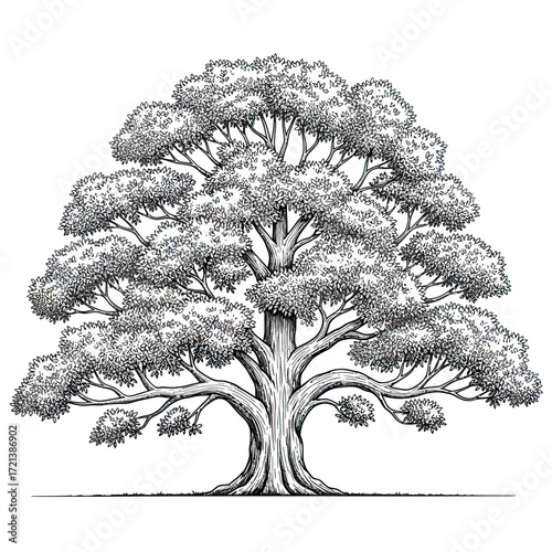 Detailed Tree Vector Illustration with Organic Leafy Branches in Black and White Vintage Style