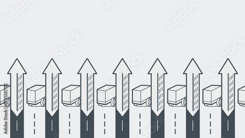 Illustration of trucks moving upwards with arrows on a white background in a simple style