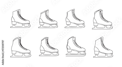 Eight different styles of ice skates in a sketchy silhouette style