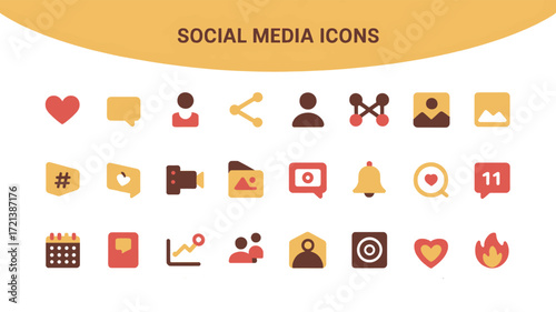 Flat 2026 social media interaction icon set with hearts, profiles, and digital engagement symbols