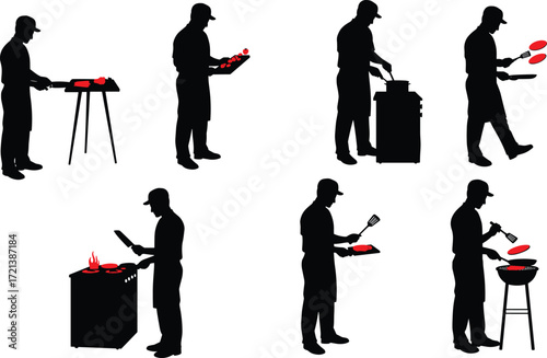 Silhouette chef cooking, grilling food, man with spatula, barbecue, frying pan, kitchen stove, professional cook, culinary art, restaurant, flame