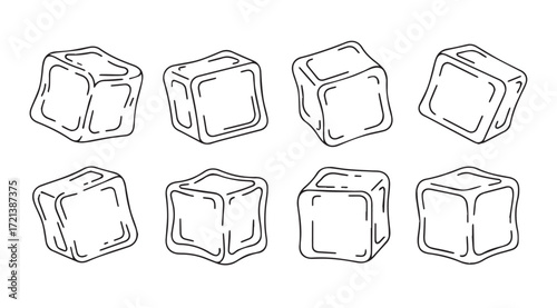Collection of eight hand drawn ice cube silhouettes in various perspectives silhouette
