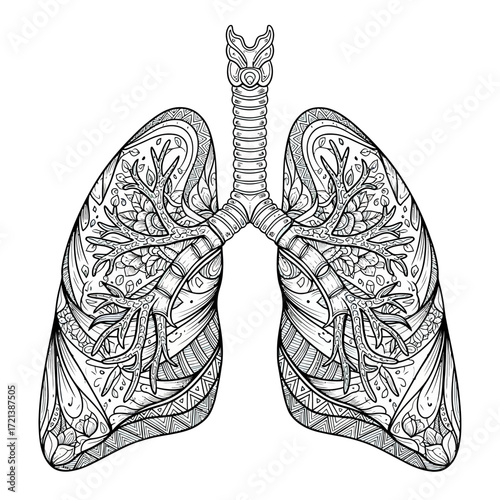 Medical Anatomical Vector Illustration of Human Lungs with Bronchial Tree in Black and White Detailed Style