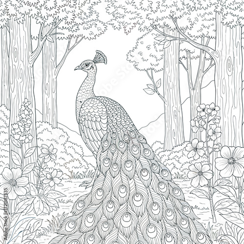 Detailed Organic Vector Illustration of Peacock with Floral Forest Elements in Line Art Style