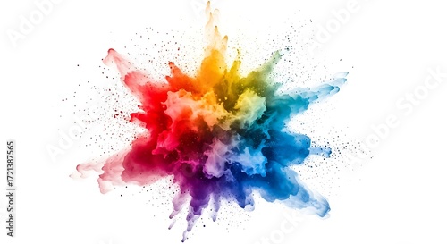 Vibrant rainbow powder explosion creates dynamic abstract burst of color with scattered particles, perfect for creative projects
