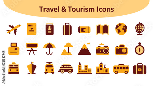 Flat 2026 travel and tourism icon set with vacation, transportation, and global adventure symbols