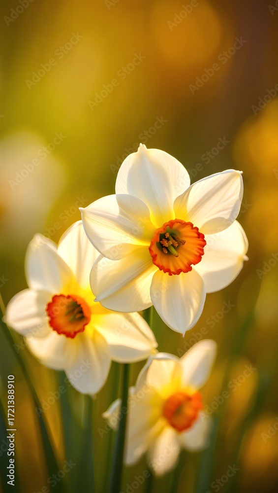 Naklejka premium Close up of three daffodils with a blurred yellow and green background in soft light
