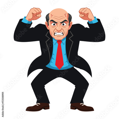 Angry Business Man Cartoon: A vector illustration of an enraged businessman, embodying frustration and anger through expressive details, his raised arms and grimace conveying intense displeasure.