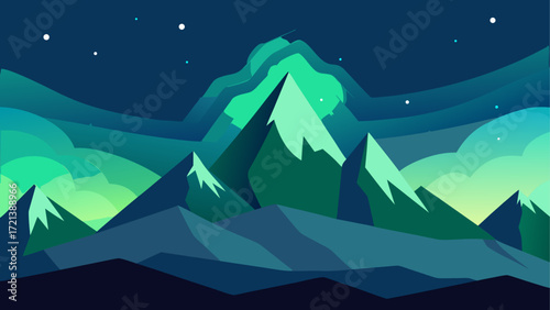 Illustration of mountain range with snow peaks under a starry night sky with aurora borealis effect