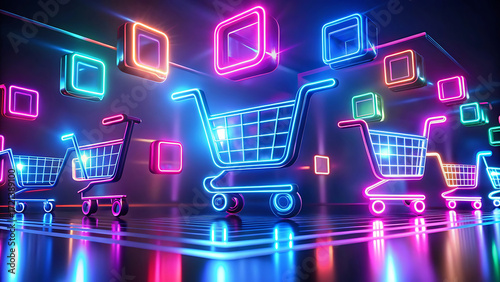 Abstract Floating E Commerce Icons In 3d Gradient With Holographic Background  