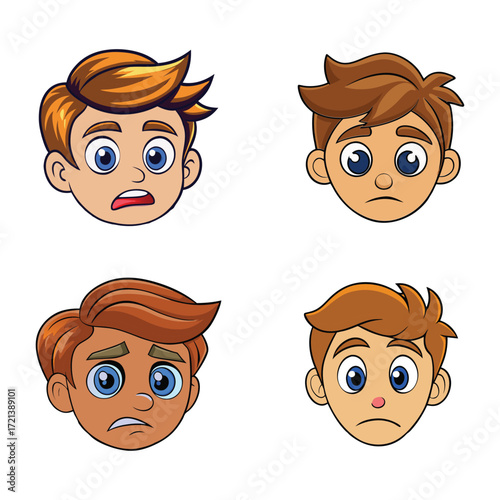 Expression Variety: A series of diverse cartoonish male face expressions, each illustrating a unique emotion of fear, sadness, worry, and discontent, capturing human experiences.
