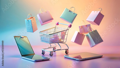 Abstract Online Shopping Scene With Floating Storefronts And Smart Technology  