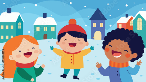 Happy children playing in the snow with houses in the background on a cold winter day scene illustration