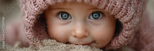 Baby with bright blue eyes playing in the sand at the beach during sunset surrounded by natural beauty and soft light
