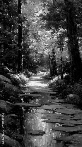Serene forest path along the calm river in black and white