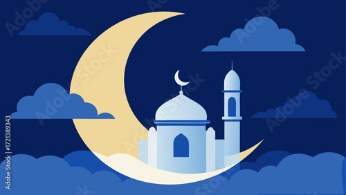 Night scene with crescent moon clouds and a mosque with a minaret in a flat design style illustration