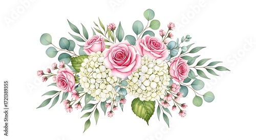 Elegant pink roses and white hydrangeas bloom vibrantly, creating a delicate floral arrangement perfect for romantic invitations or spring decor.