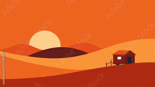 Sunset over rolling hills with a small house and fence in a warm orange color palette landscape scene
