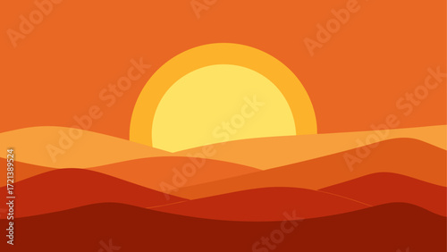 Illustration of a sunset over rolling hills with warm colors in a minimalist style landscape scene