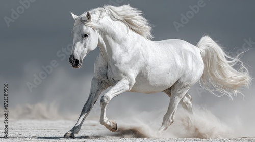 Majestic white horse galloping across sandy terrain under dramatic sky