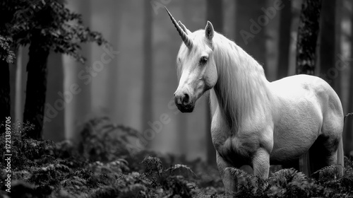 Majestic unicorn standing in a misty forest at dawn