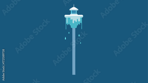 Illustration of a tower with dripping water and snow on top against a blue background scene style