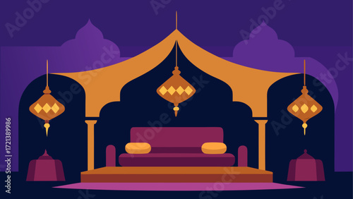 Illustration of an ornate tent with hanging lanterns and a purple couch on a raised platform area