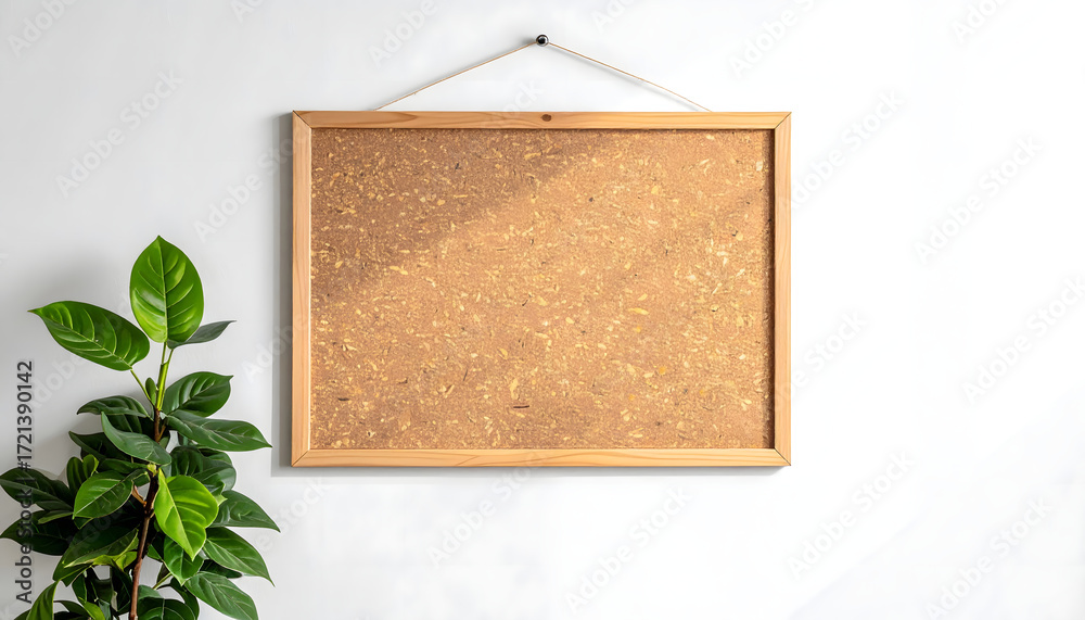 Fototapeta premium Simple wooden framed corkboard hangs on a white wall, next to a small green plant.