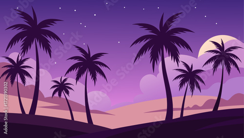 Silhouette of palm trees against a purple sky with clouds and a moon creating a peaceful tropical scene