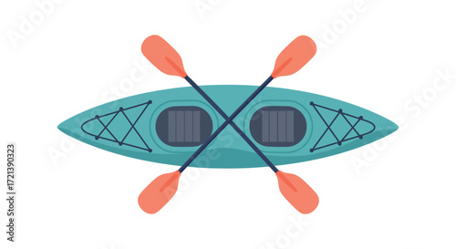 Top down view of a teal kayak with crossed orange paddles