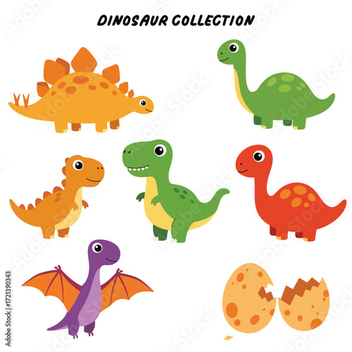 A Collection of Adorable Cartoon Dinosaurs and Dinosaur Eggs.