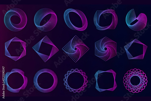 Abstract Neon Geometric 3D Shapes on Dark Background for Futuristic Design, Technology, Virtual Reality, and Digital Art Concepts