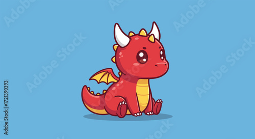 Adorable Cartoon Red Baby Dragon with White Horns and Yellow Wings.