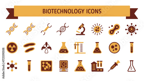 Flat 2026 biotechnology icon set with DNA, microscopes, and lab equipment